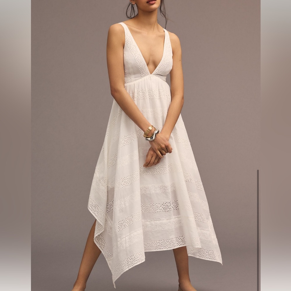 Anthropologie Asymmetrical Eyelet White Midi Dress